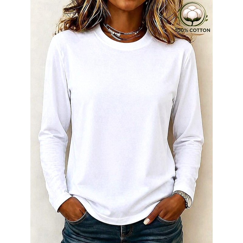 Women's 100% Cotton T-Shirts - Quality Heavy Long Sleeve Crew Neck Tee 2026 - $21.99