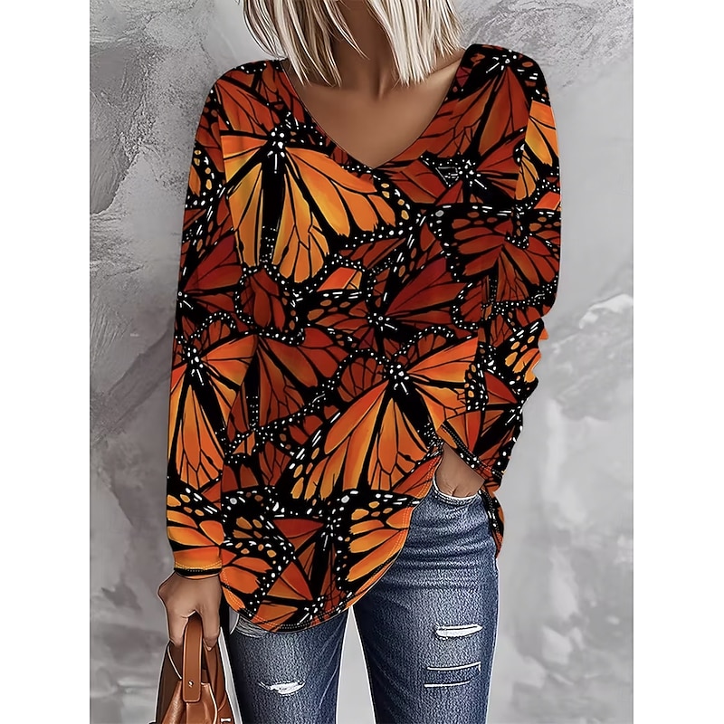 Women's T Shirt Print Graphic Butterfly Vintage Stylish Casual Long Sleeve V Neck Regular Tops Daily Blue Purple Orange Green Spring Fall 2026 - $25.9