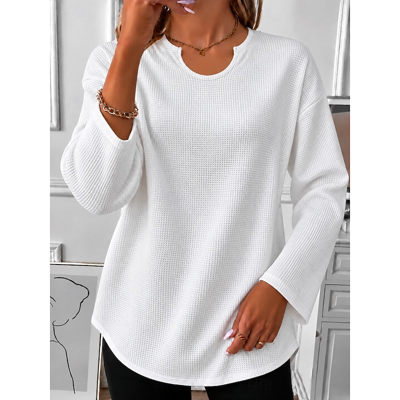 Women's Shirt Waffle T-shirt Fashion Long Sleeve V Neck Regular Tops Casual Daily White Black Spring Fall 2026 - $8.49