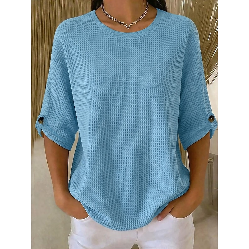 Women's Waffle Shirt Waffle T-shirt Waffle Lounge T-shirt T Shirt Buttons Solid Color Stylish Casual 3/4 Length Sleeve Crew Neck Regular Tops Daily Bl