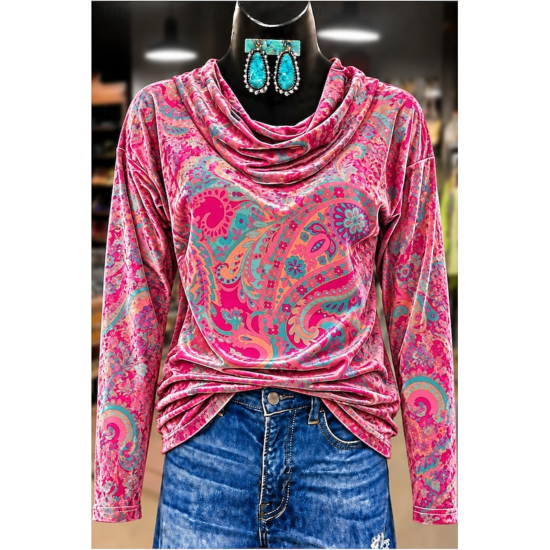 Women's Velvet T Shirt Floral Graphic Sunflower Elegant Vintage Fashion Long Sleeve Cowl Neck Regular Tops Casual Daily Going out Pink Spring Fall Win