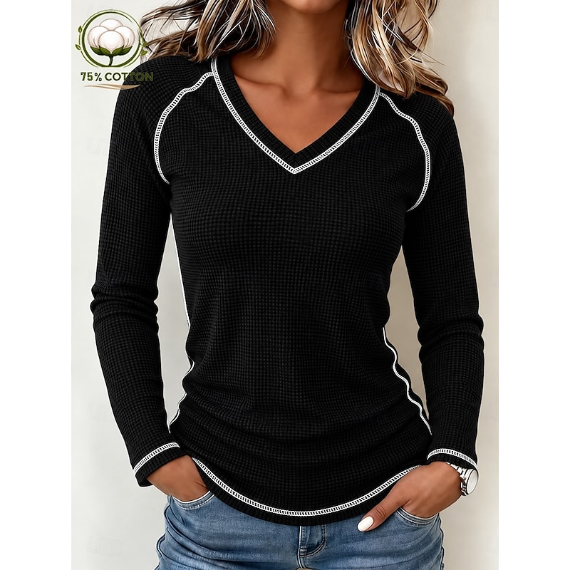 Women's Waffle T-shirt Textured Knit Tops T Shirt Vintage Fashion Stylish Long Sleeve V Neck Regular Tops Casual Going out Vacation Wear White Black S