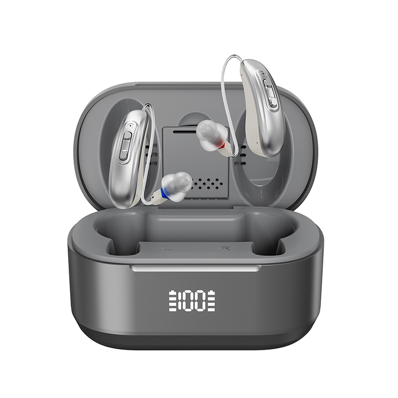 Audelvia RIC rechargeable sound amplifiers in their charging case