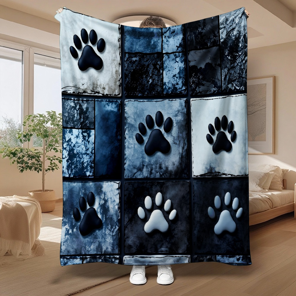 Blue Paw Print Patchwork Throw Blanket