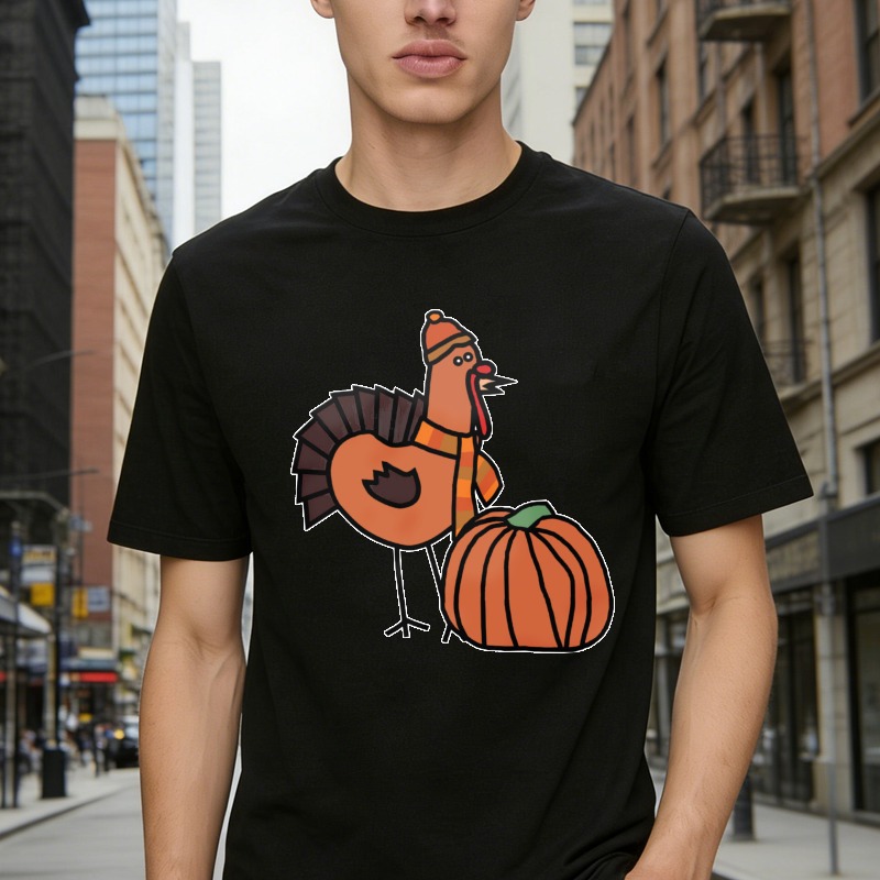 Cartoon Turkey Wearing Hat And Scarf Standing Next To Pumpkin Thanksgiving Autumn Fall Graphic T-shirt