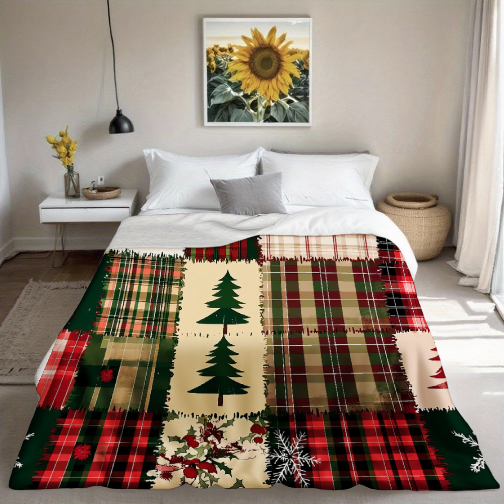 Christmas Plaid & Snowflake Patchwork Print Throw Blanket
