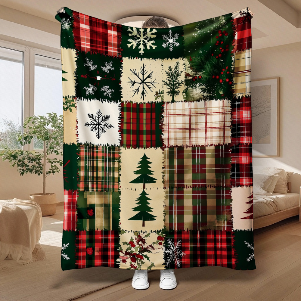 Christmas Plaid & Snowflake Patchwork Print Throw Blanket