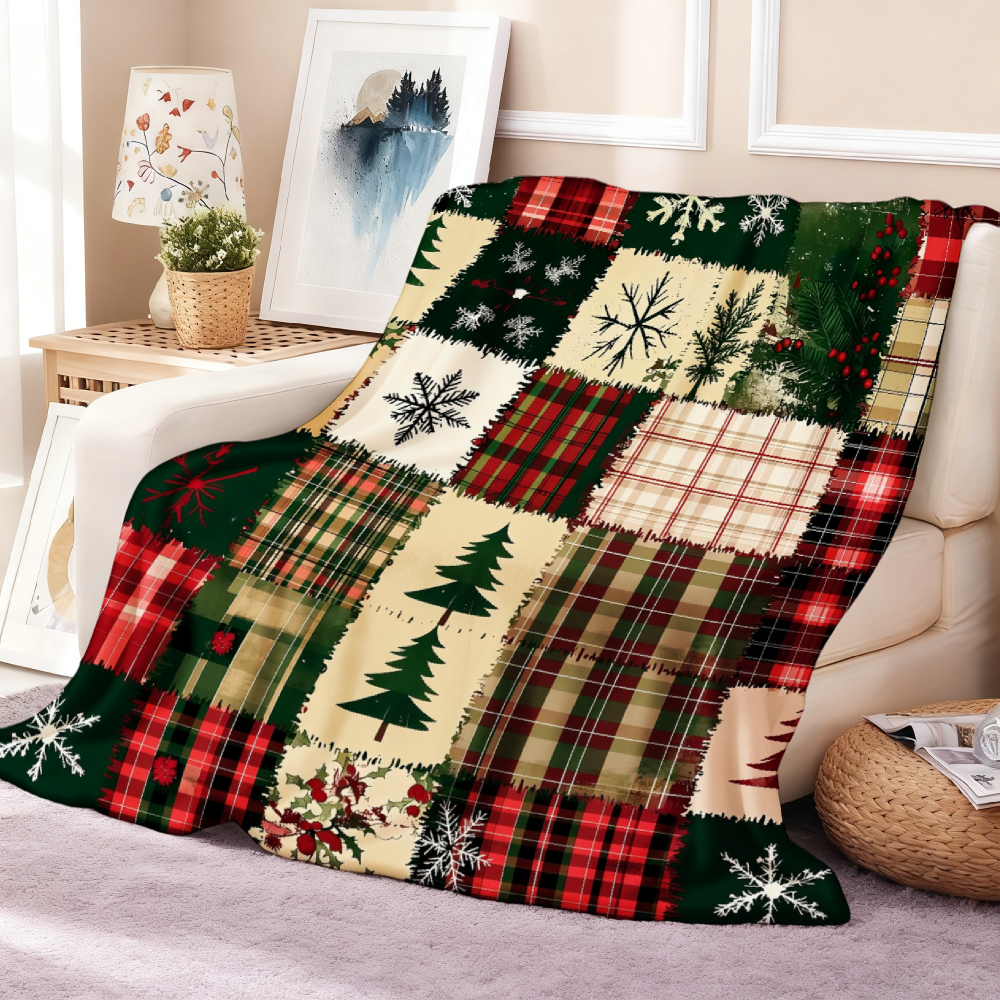 Christmas Plaid & Snowflake Patchwork Print Throw Blanket