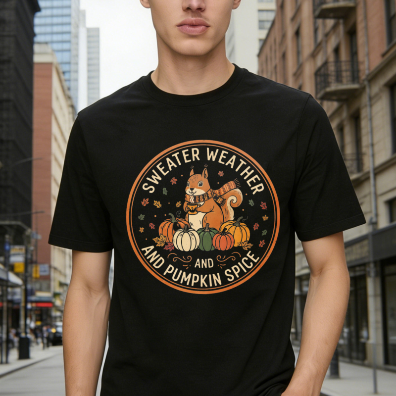 Sweater Weather And Pumpkin Spice Cute Squirrel With Pumpkins Autumn Fall Season Graphic T-shirt
