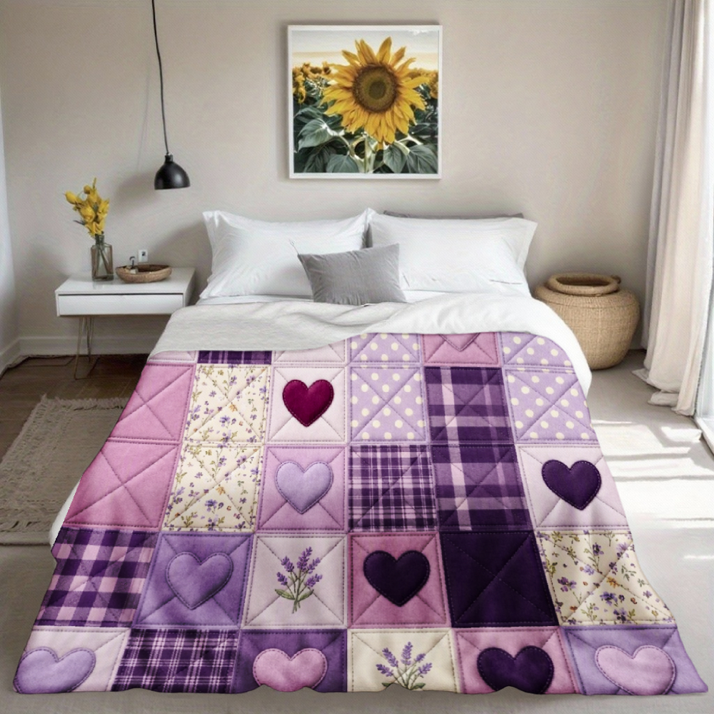 Purple Hearts & Lavender Patchwork Print Throw Blanket