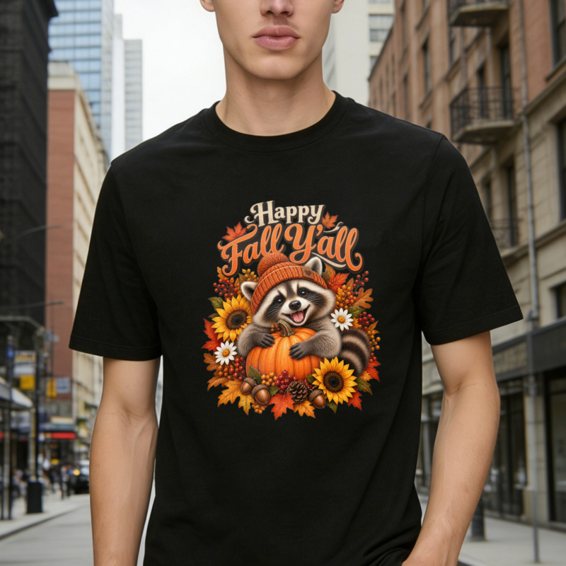 Happy Fall Yall Cute Raccoon Holding Pumpkin Sunflower Autumn Leaves T-shirt