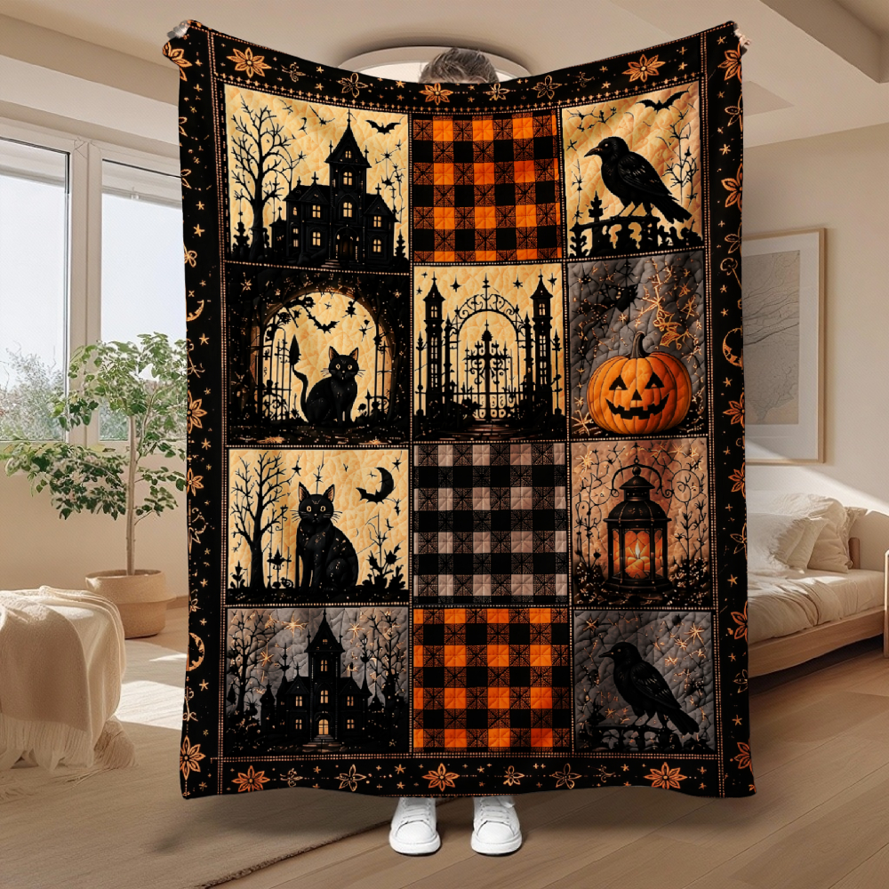 Halloween Patchwork Throw Blanket, Black Cat Pumpkin Haunted House Flannel Blanket
