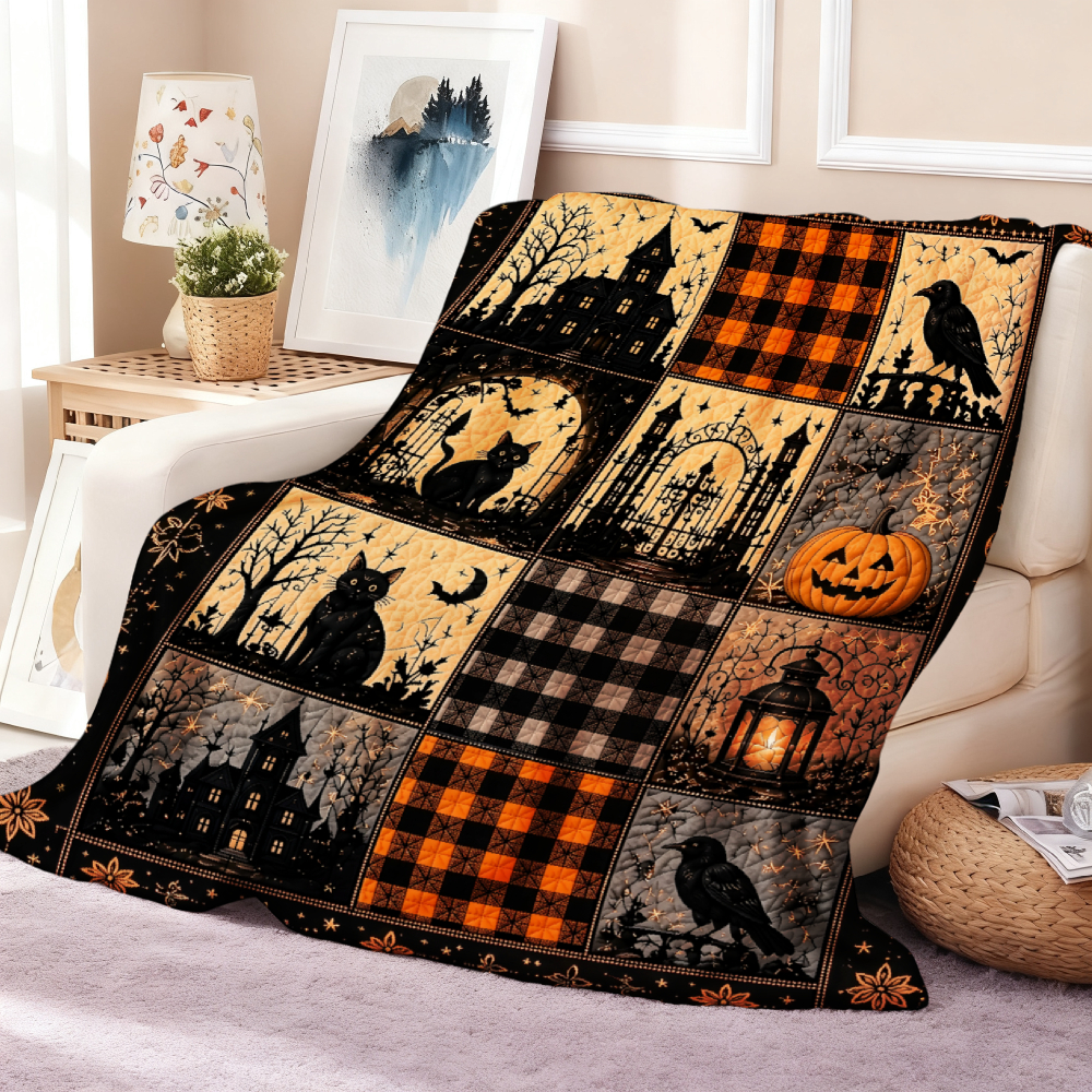 Halloween Patchwork Throw Blanket, Black Cat Pumpkin Haunted House Flannel Blanket