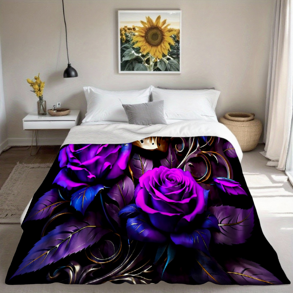 Gothic Skull Purple Rose Throw Blanket, Dark Floral Swirl Art Soft Flannel Blanket