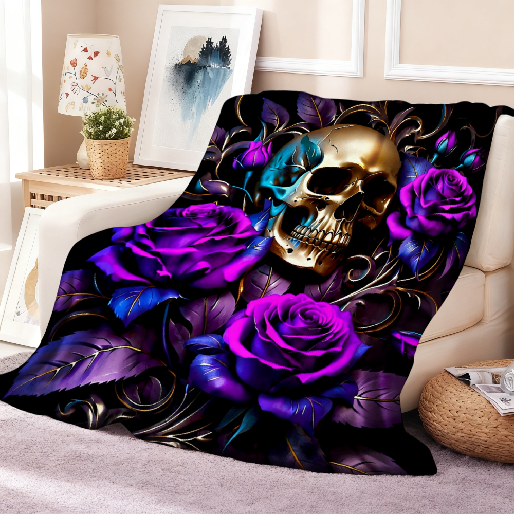 Gothic Skull Purple Rose Throw Blanket, Dark Floral Swirl Art Soft Flannel Blanket