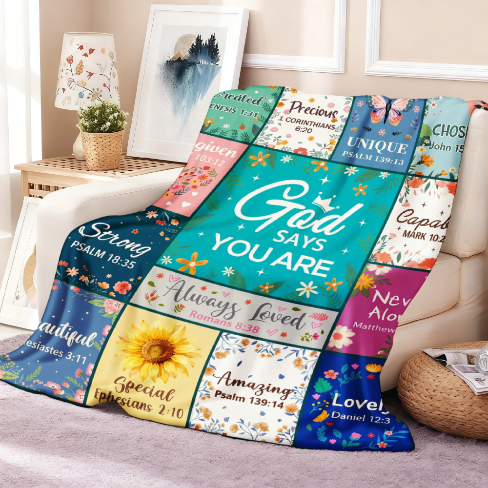 Inspirational Scripture Patchwork Throw Blanket, Floral Bible Verse Grid Soft Flannel Blanket