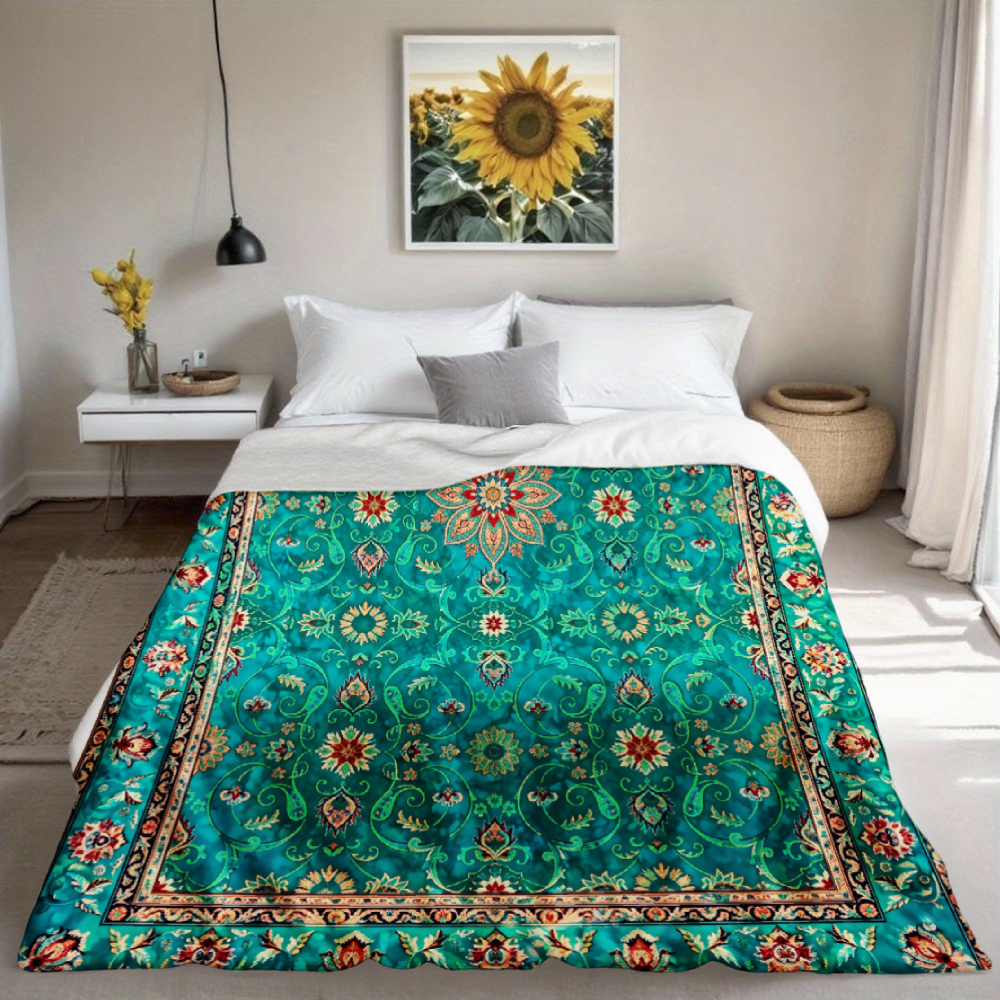 Teal Oriental Floral Ornate Throw Blanket, Vintage Persian Style Pattern Soft Flannel Blanket