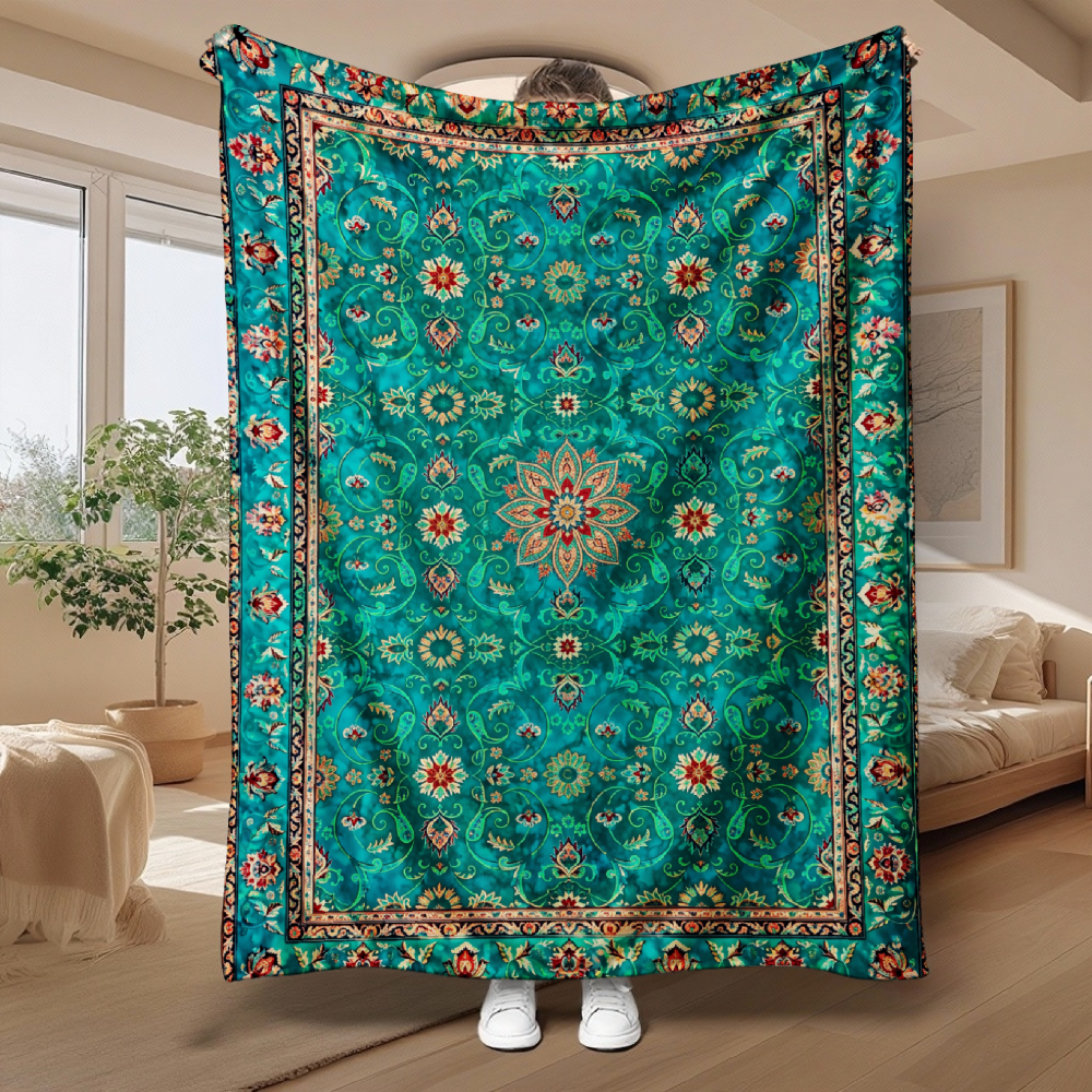 Teal Oriental Floral Ornate Throw Blanket, Vintage Persian Style Pattern Soft Flannel Blanket