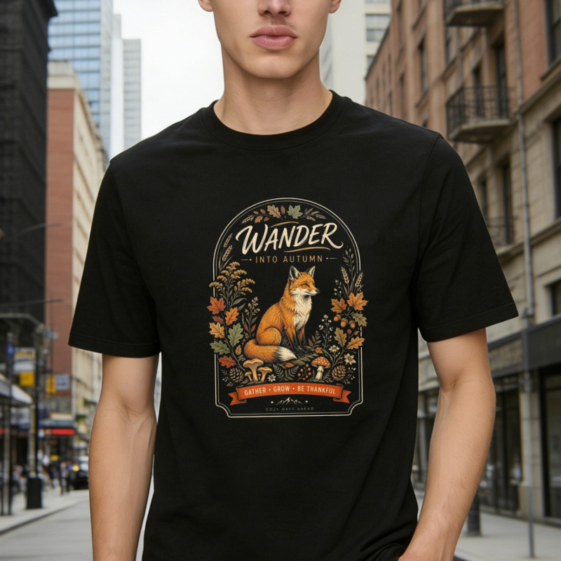 Wander Into Autumn Fox And Mushrooms Vintage Fall Nature Illustration T-shirt