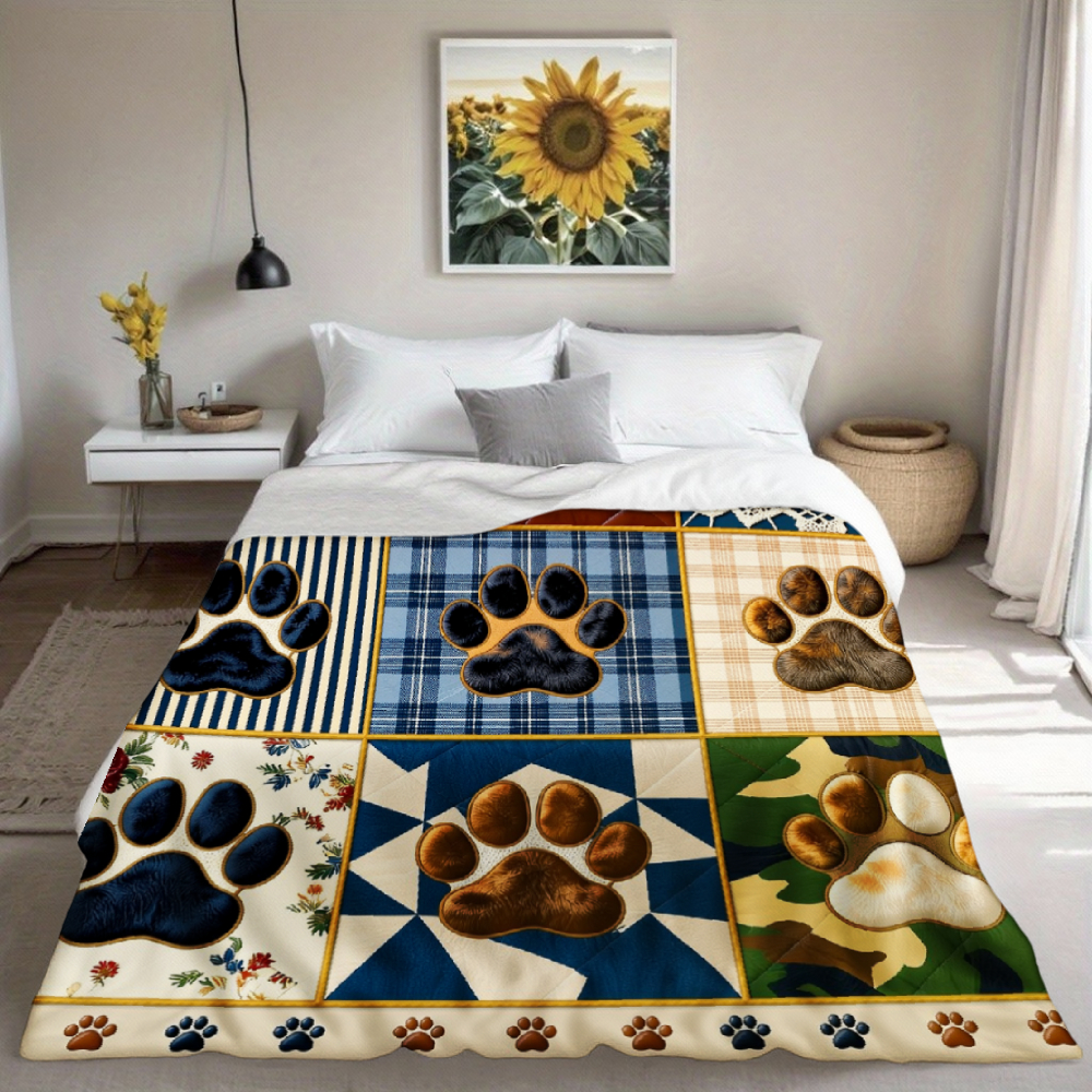Rustic Paw Print Patchwork Print Throw Blanket – Navy & Brown