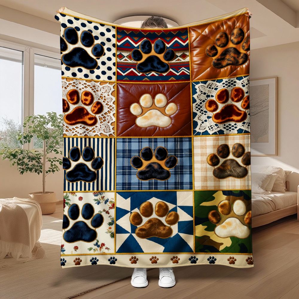 Rustic Paw Print Patchwork Print Throw Blanket – Navy & Brown