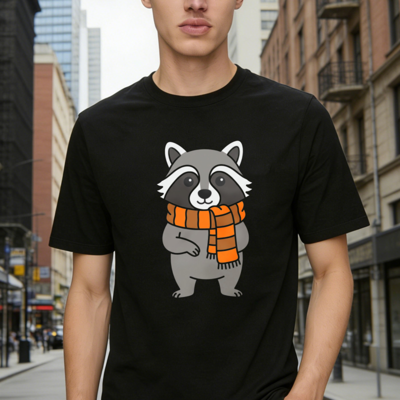 Cute Cartoon Raccoon Wearing Orange Scarf Graphic T-shirt
