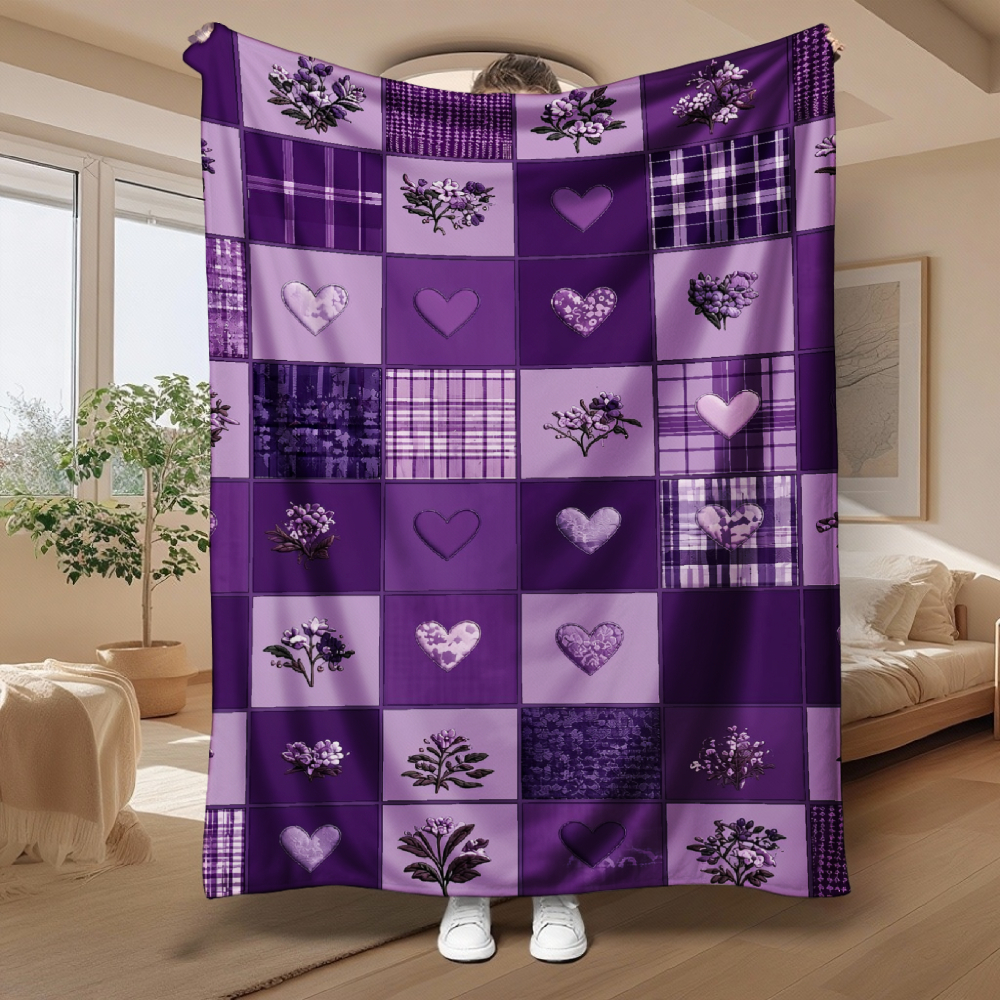 Purple Heart & Floral Plaid Patchwork Print Throw Blanket