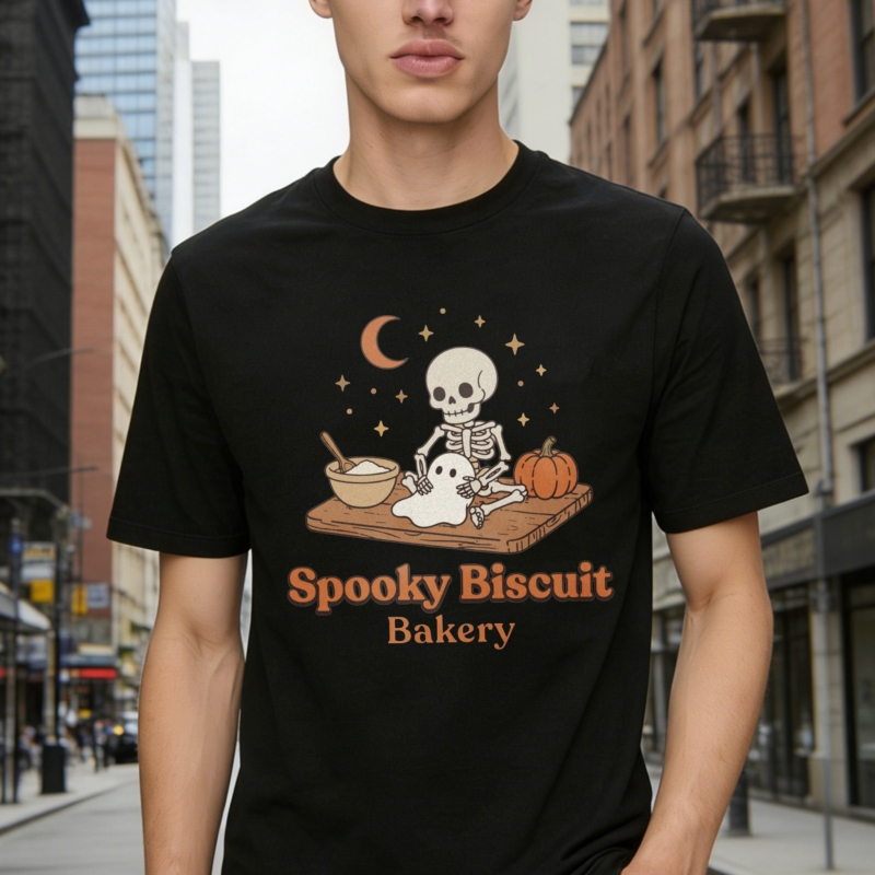 Spooky Biscuit Bakery Skeleton Pumpkin Moon Stars Halloween Funny Graphic T-shirt