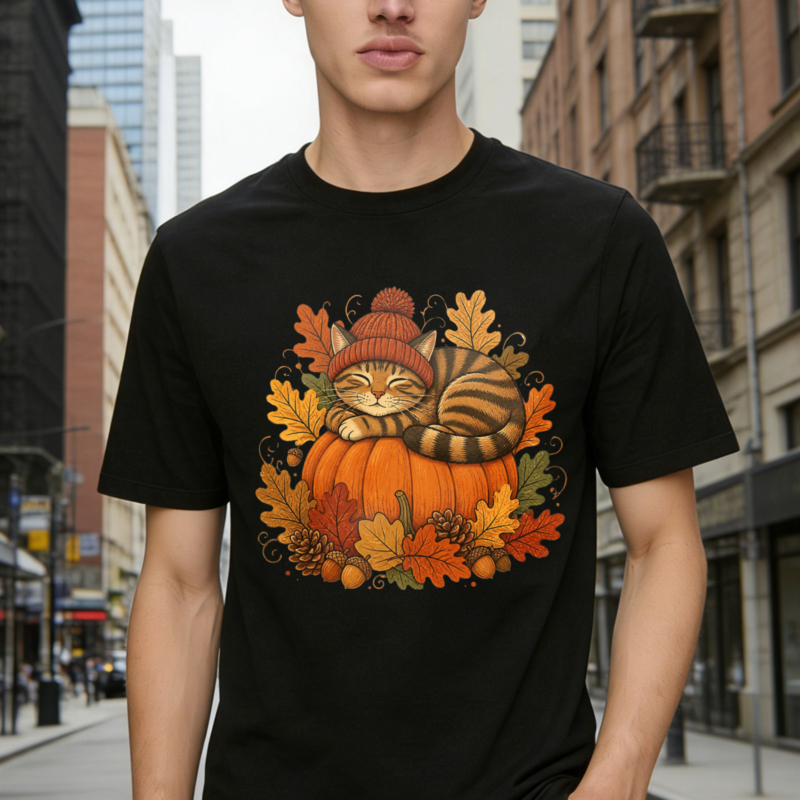 Cute Tabby Cat Wearing Red Beanie Hat Sleeping On Pumpkin With Autumn Leaves And Pinecones Fall Season Graphic T-shirt
