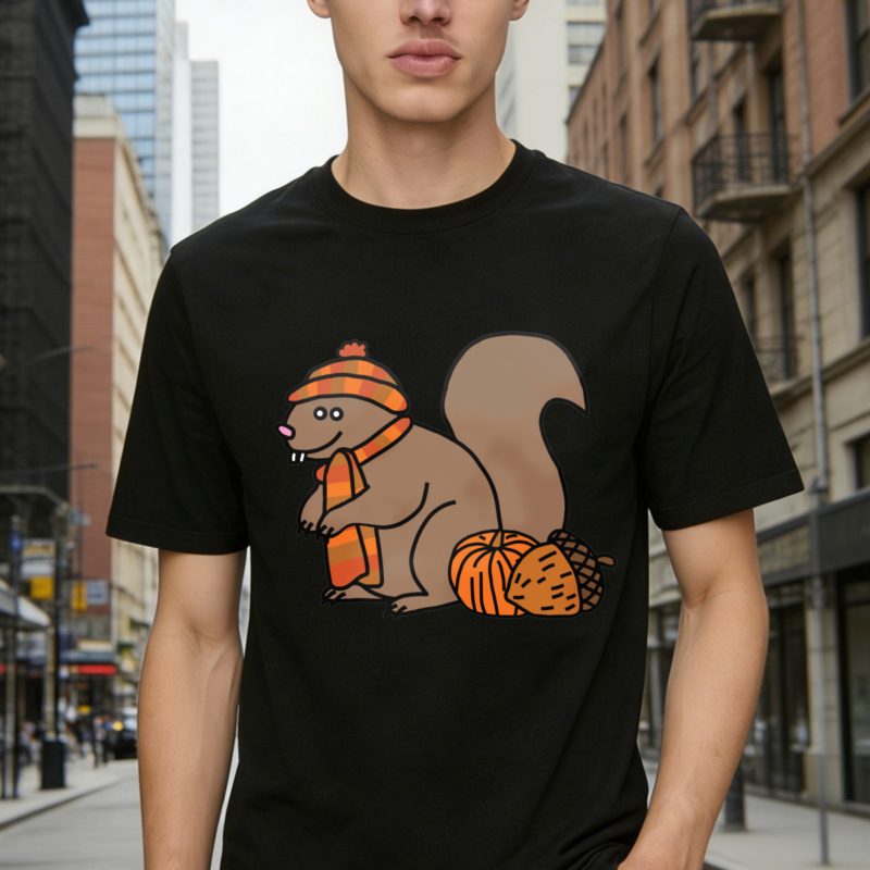Cute Cartoon Squirrel Wearing Orange Hat And Scarf With Yarn Ball Graphic T-shirt
