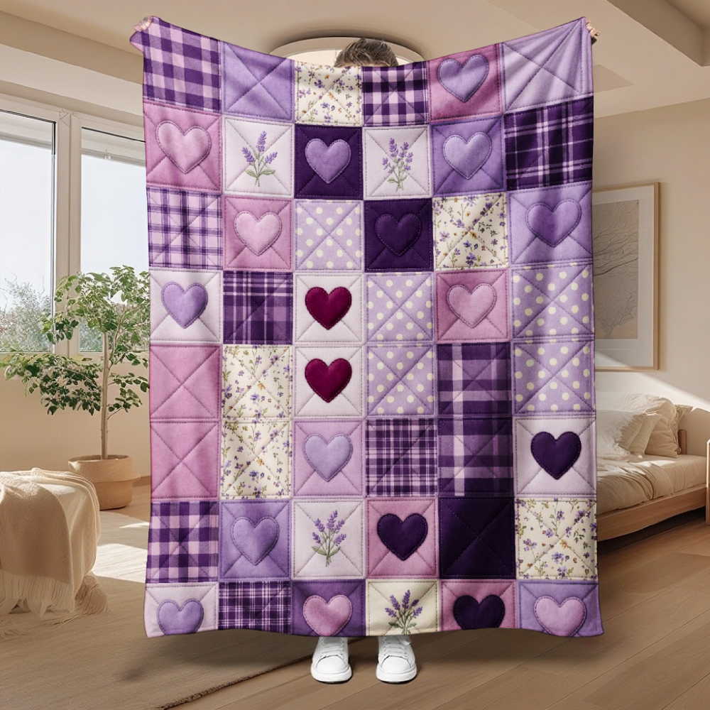 Purple Hearts & Lavender Patchwork Print Throw Blanket