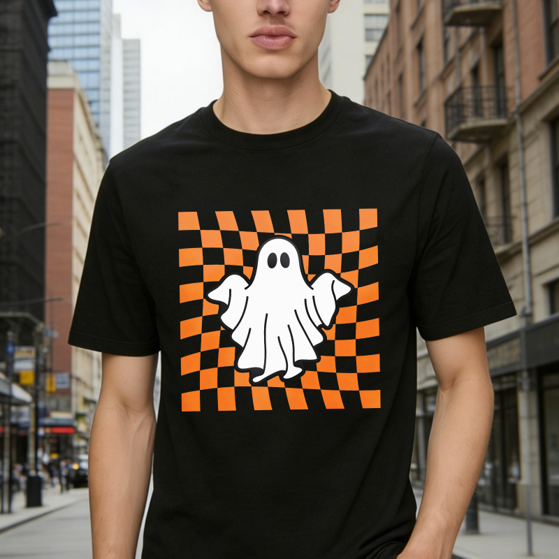 Cute White Ghost On Orange Checkered Background Unisex Classic T-shirt
