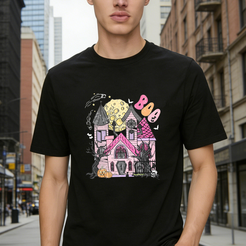 Halloween Haunted House With Moon And Boo Text Unisex Classic T-shirt