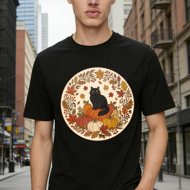 Black Cat Sitting On Pumpkins With Autumn Leaves Wreath Halloween Fall Season Graphic T-shirt