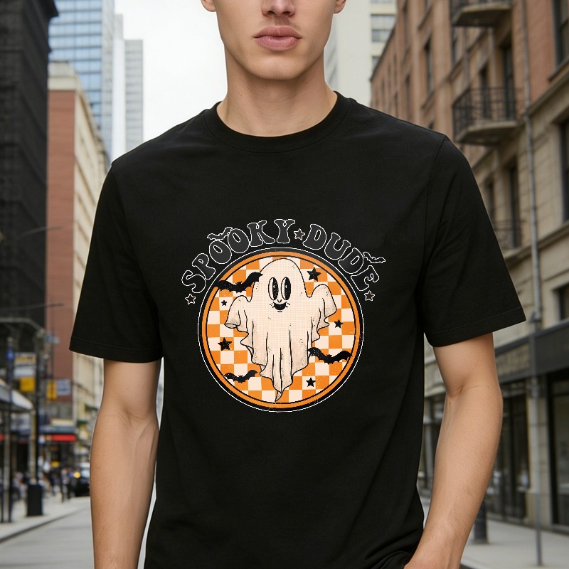 Spooky Dude Ghost Halloween Orange Checkered Circle Unisex Classic T-shirt