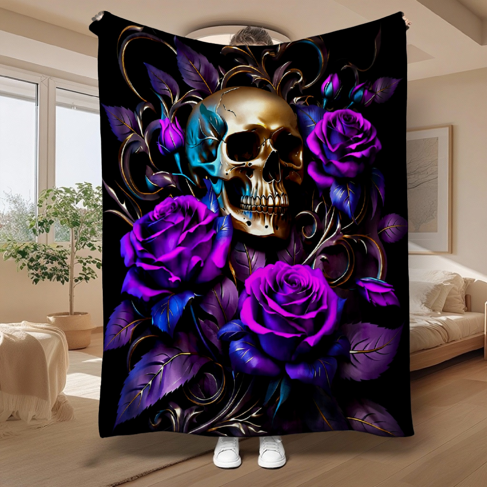 Gothic Skull Purple Rose Throw Blanket, Dark Floral Swirl Art Soft Flannel Blanket