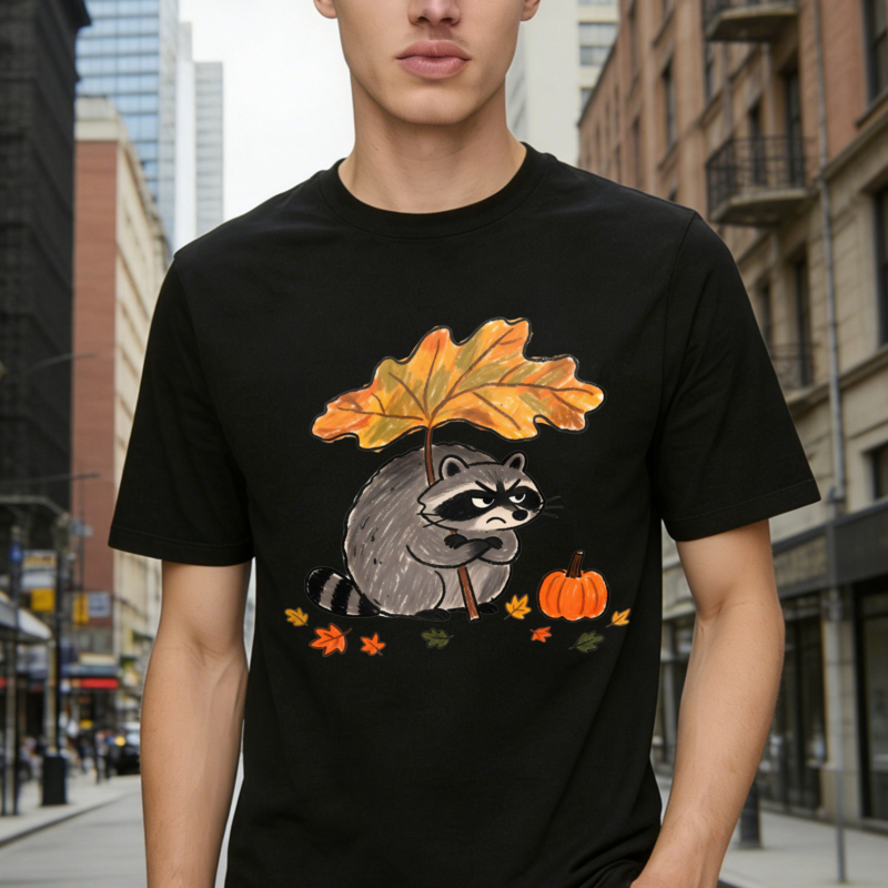 Cute Raccoon Holding Autumn Leaf And Pumpkin Fall Season Graphic T-shirt