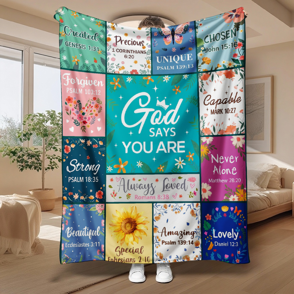 Inspirational Scripture Patchwork Throw Blanket, Floral Bible Verse Grid Soft Flannel Blanket