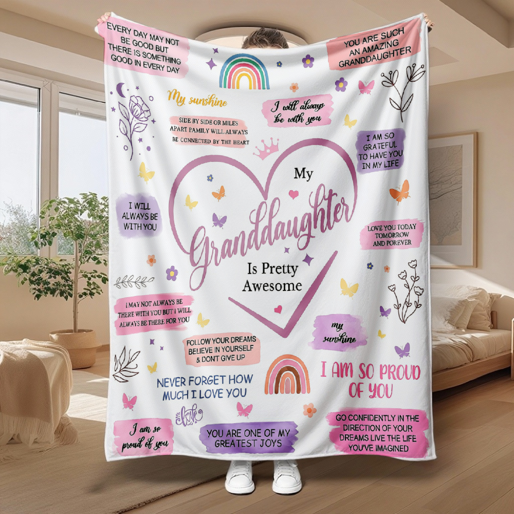 Granddaughter Inspirational Heart Quote Throw Blanket, Rainbow Butterfly Positive Message Soft Flannel Blanket