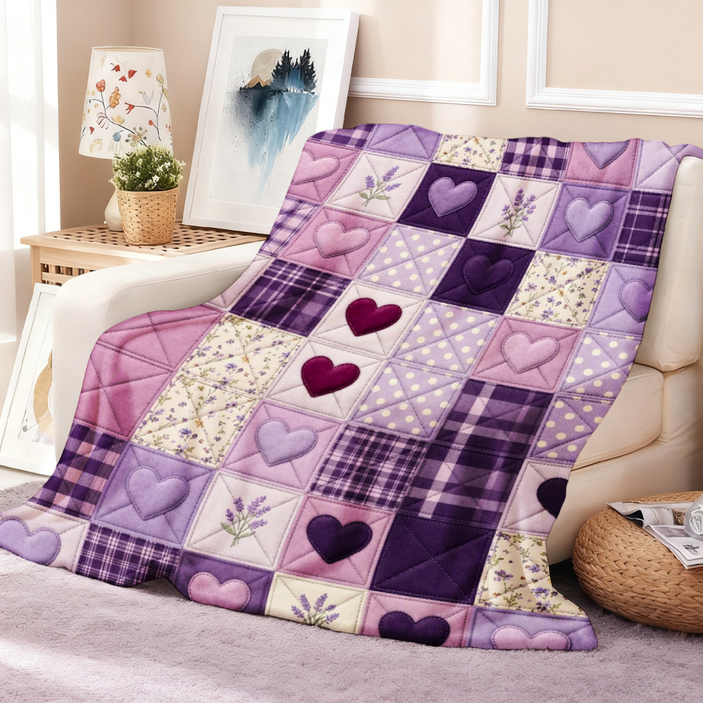 Purple Hearts & Lavender Patchwork Print Throw Blanket