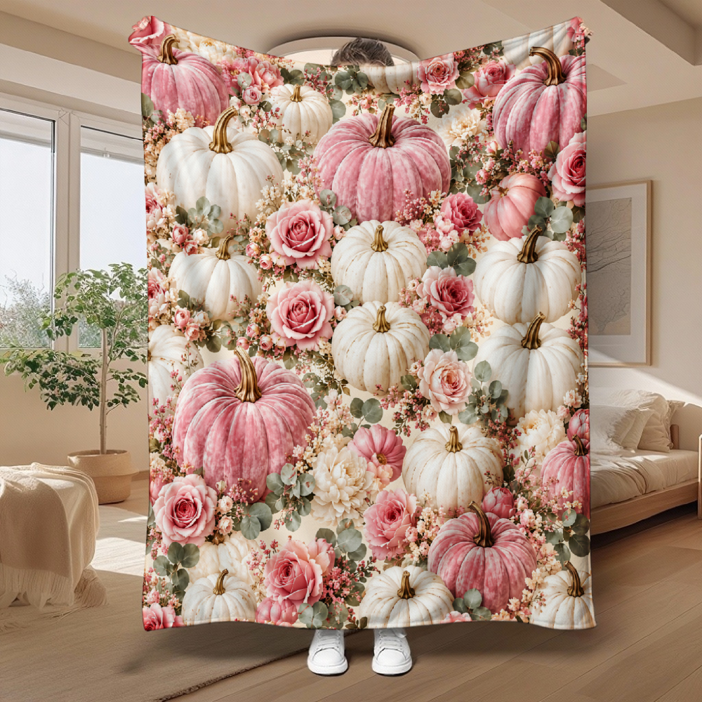 Pink & White Pumpkin Floral Throw Blanket