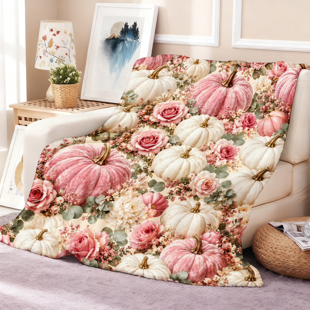 Pink & White Pumpkin Floral Throw Blanket