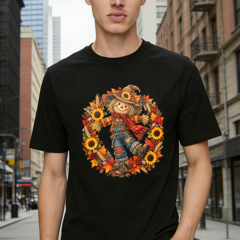 Autumn Scarecrow Sunflowers And Fall Leaves Wreath Graphic T-shirt