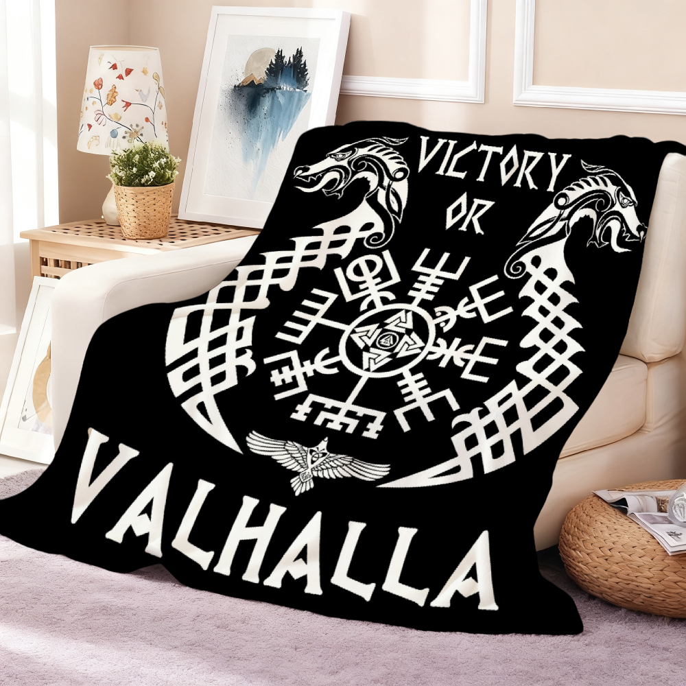 Norse Dragon Compass Symbol Throw Blanket, Nordic Knotwork Art Soft Flannel Blanket