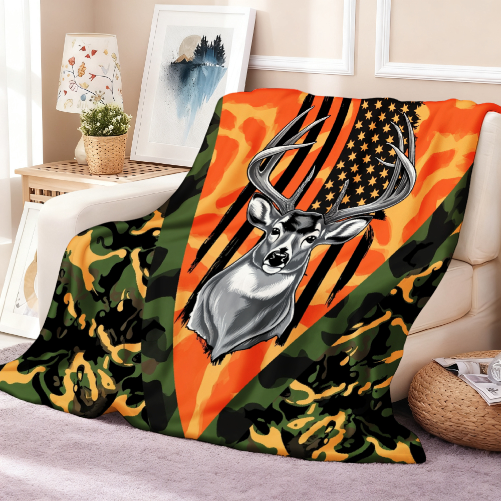 Deer & American Flag Camo Throw Blanket – Orange & Green