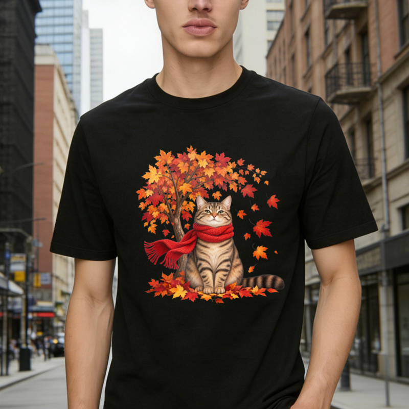 Autumn Cat With Red Scarf And Maple Leaves T-shirt