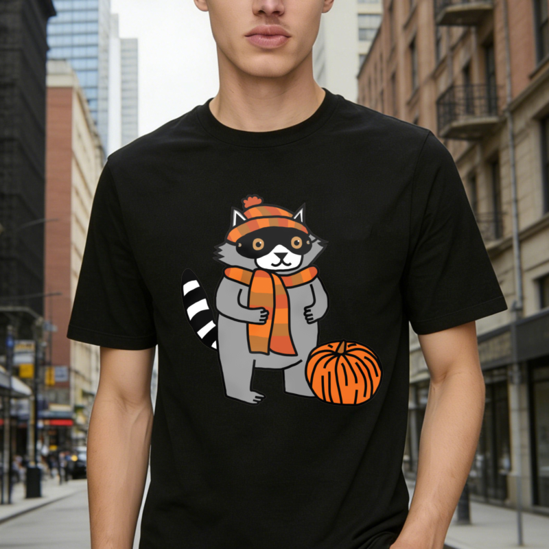 Cute Raccoon Wearing Orange Hat And Scarf With Pumpkin Autumn Fall Graphic T-shirt