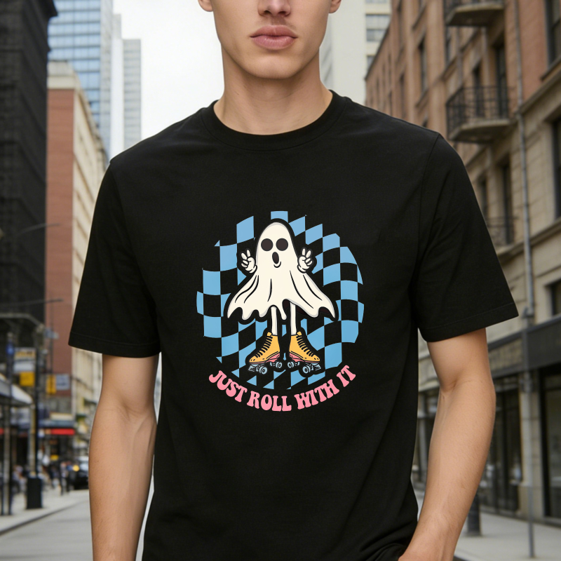 Ghost With Roller Skates And Just Roll With It Text On Blue Checkered Background Unisex Classic T-shirt