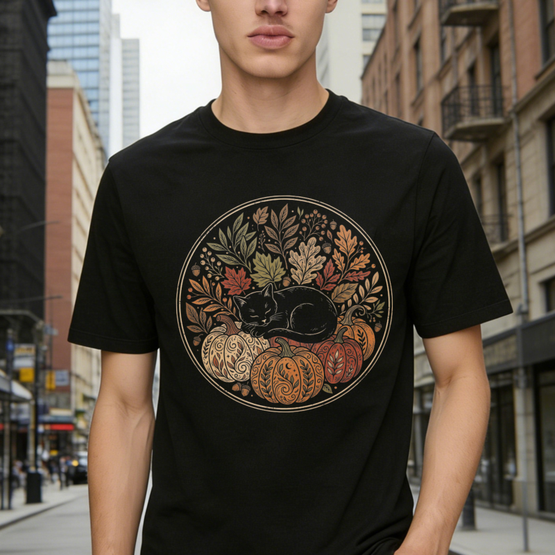Autumn Cat And Pumpkins With Leaves Circular Design T-shirt