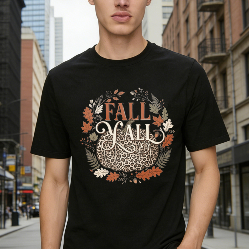 Fall Yall Autumn Leaves Floral Wreath Leopard Print Graphic T-shirt